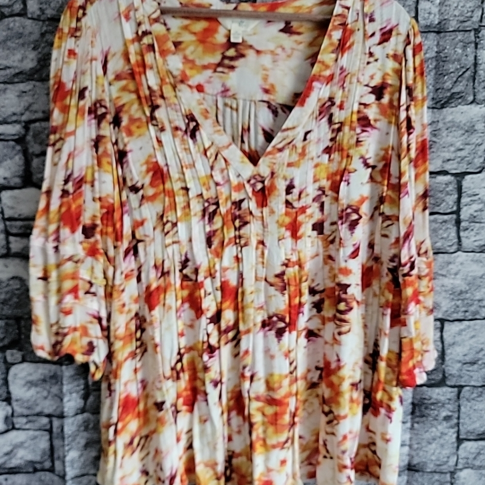 Terra & Sky Plus Size 1x Pullover V Neck Top, 3/4 Sleeve, Multicolor